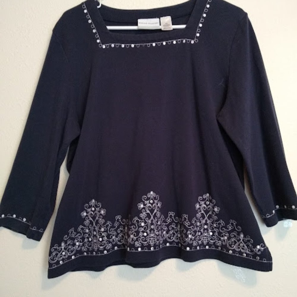 Alfred Dunner Petite, XL, Navy Blue, 3/4 Length Sleeve Top